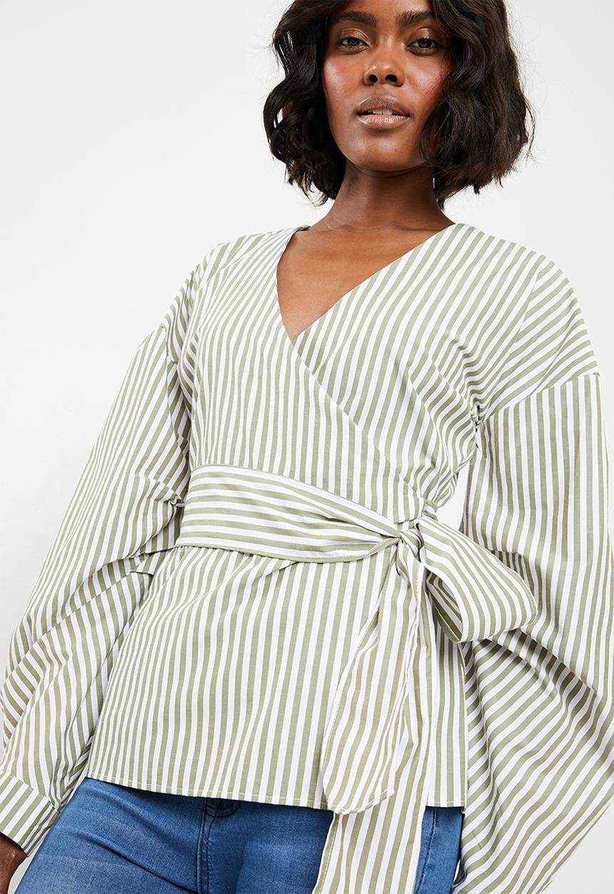 STYLE REPUBLIC - Volume sleeve wrap blouse - green & white