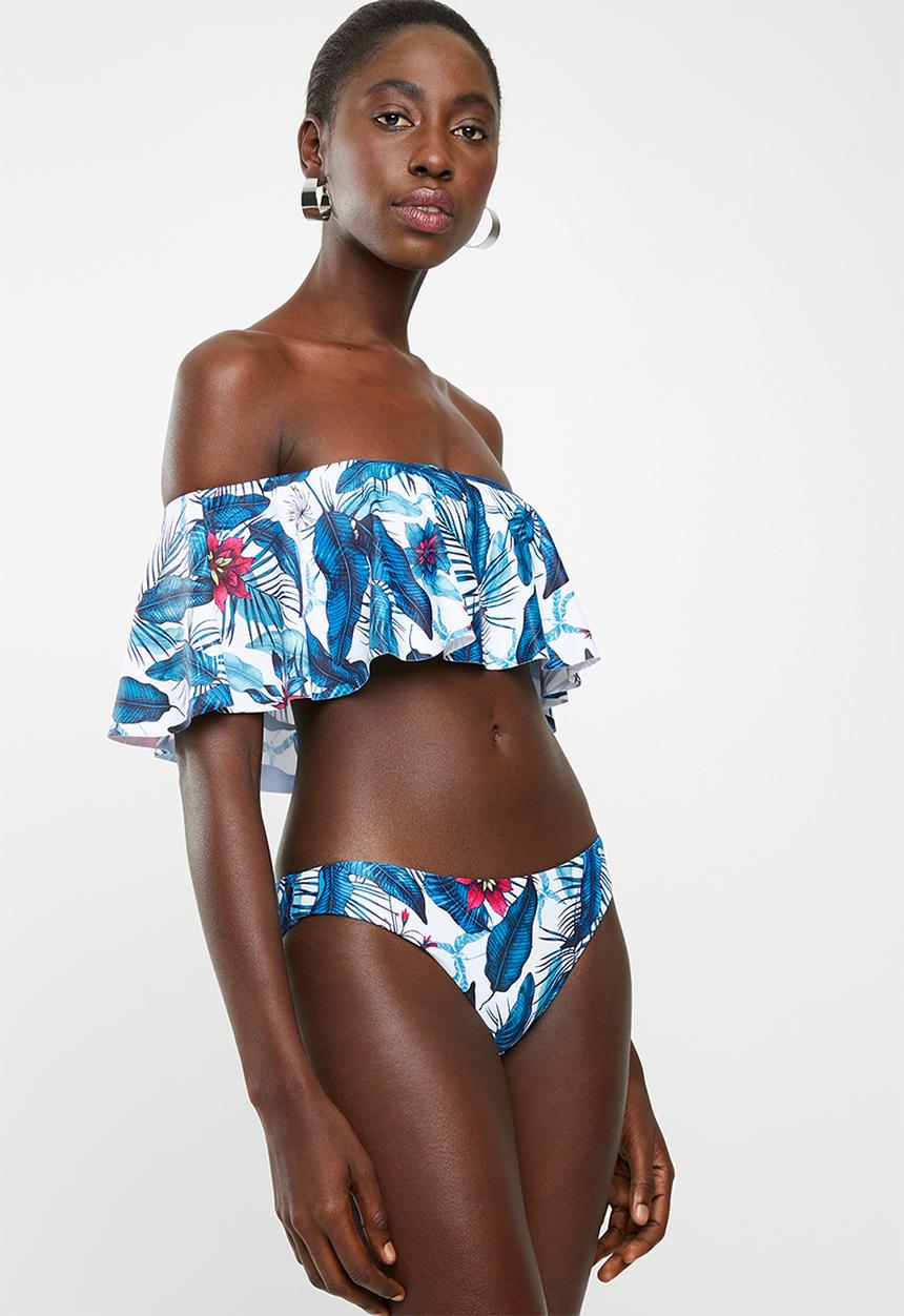 London Hub - Tropical bardot frill bikini set - blue 