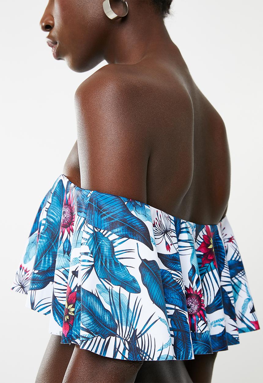 London Hub - Tropical bardot frill bikini set - blue 