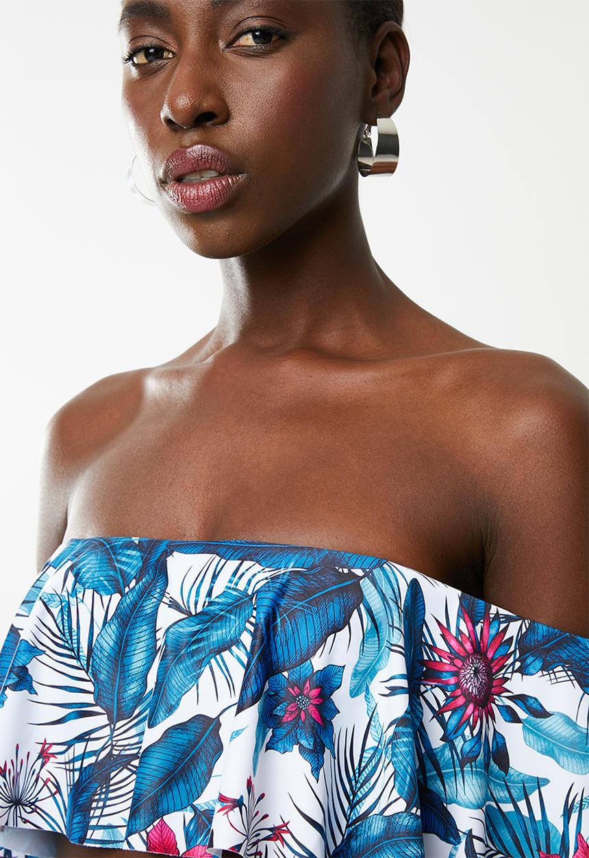 London Hub - Tropical bardot frill bikini set - blue 