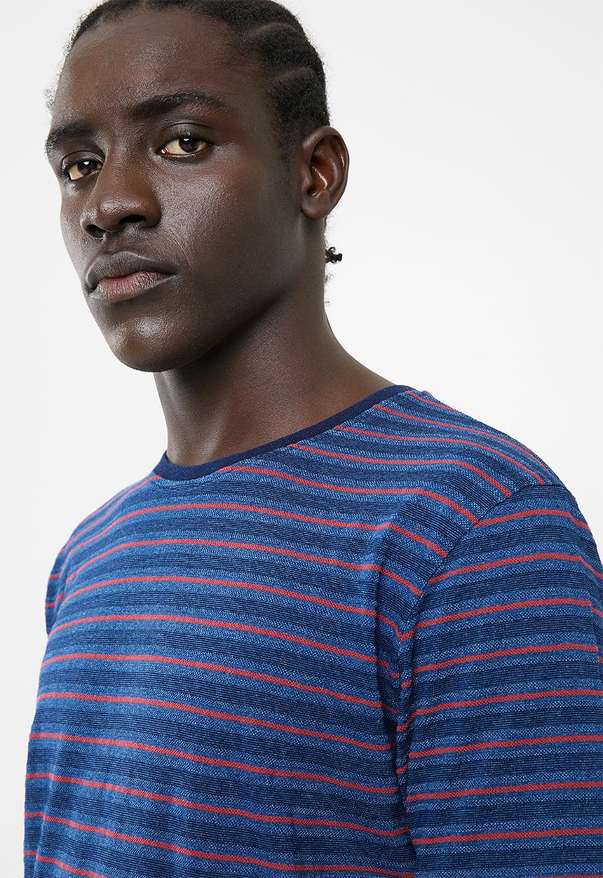 Only & Sons - Indigo chi stripe tee - blue & red 