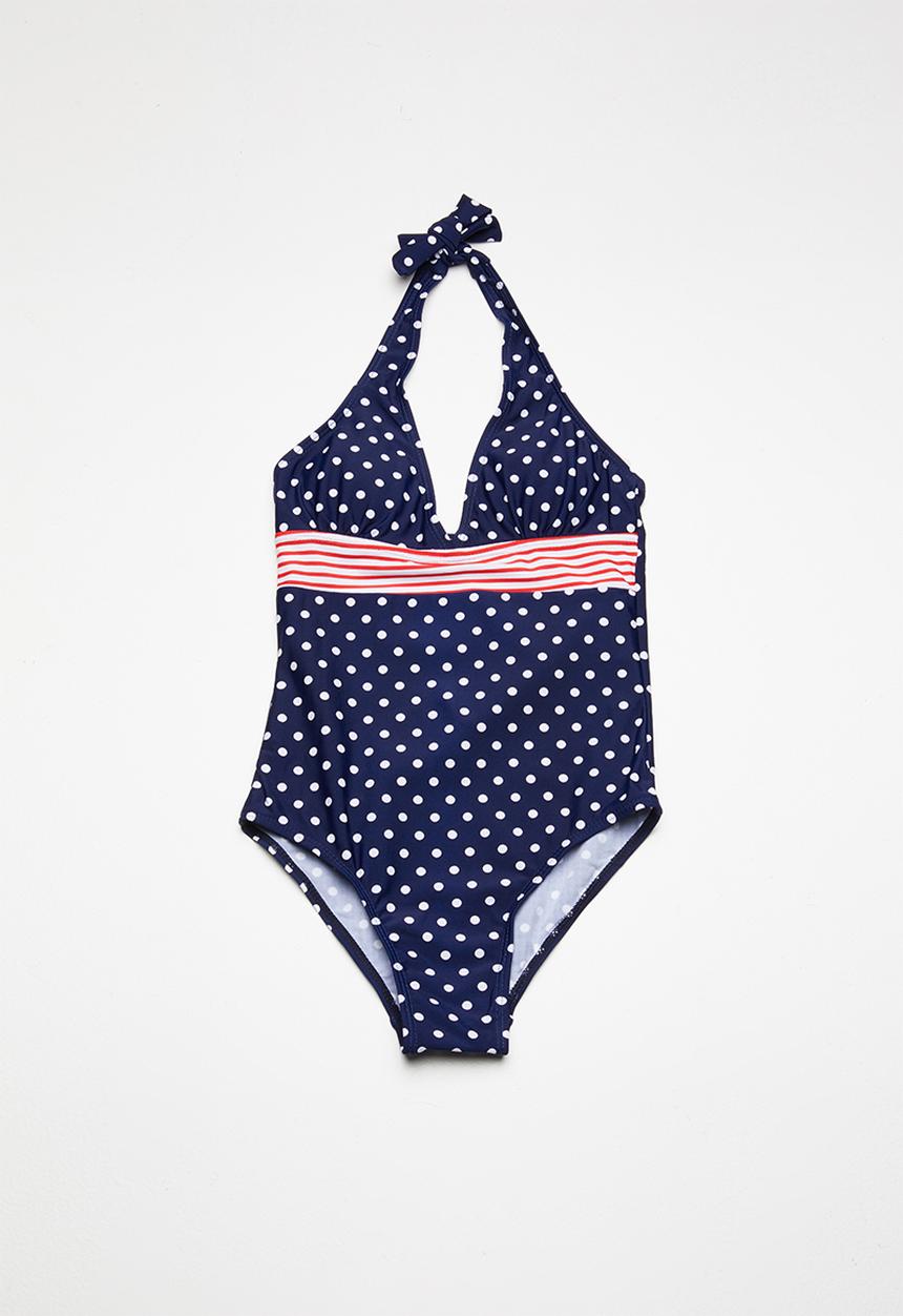 Pop Candy - Polka dot halter  neck swimsuit - navy