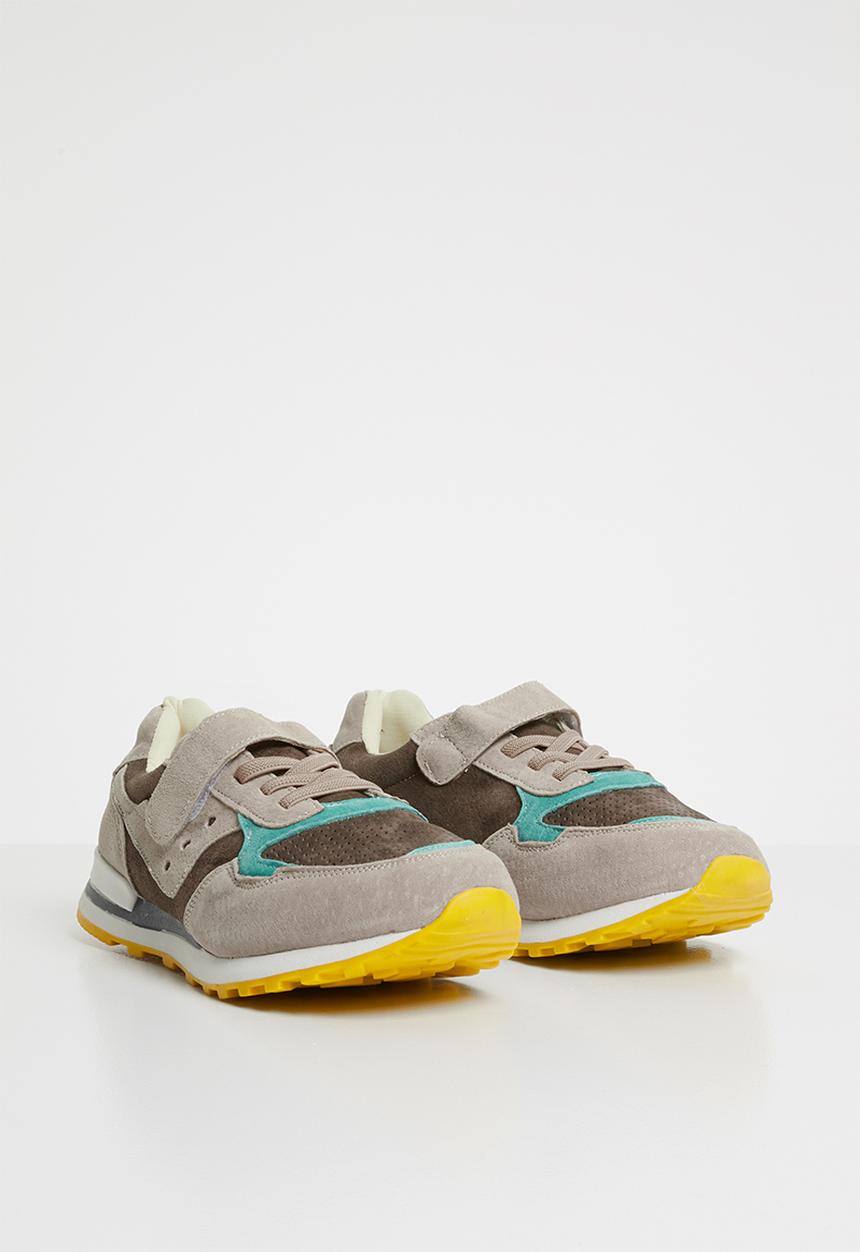 Pop Candy - Kids leather combo strap and lace sneaker - green & grey