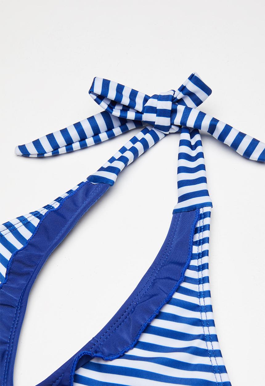 Pop Candy - Striped bikini set with frill detail - blue & white