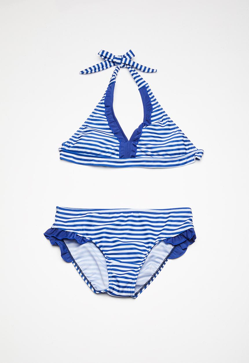 Pop Candy - Striped bikini set with frill detail - blue & white