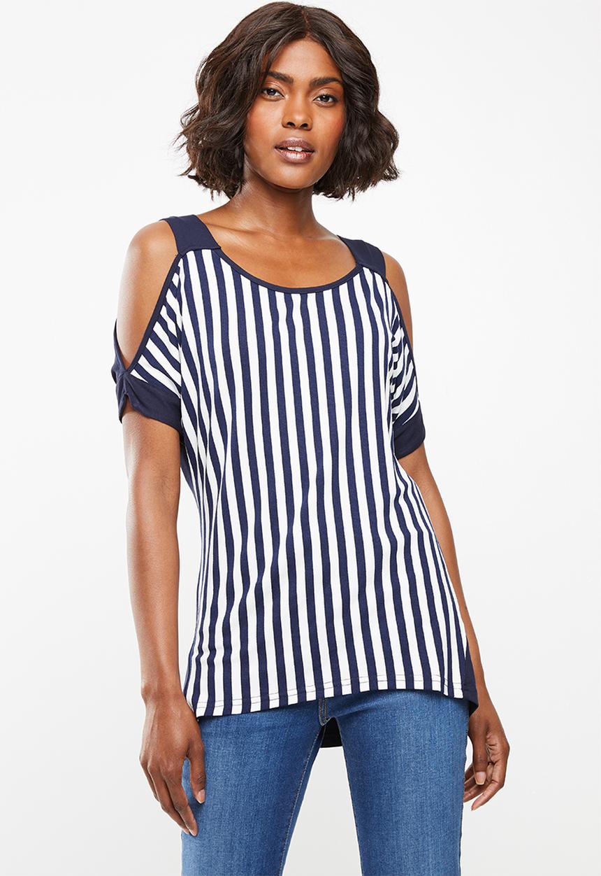 edit - Stripe cold shoulder top - navy & white