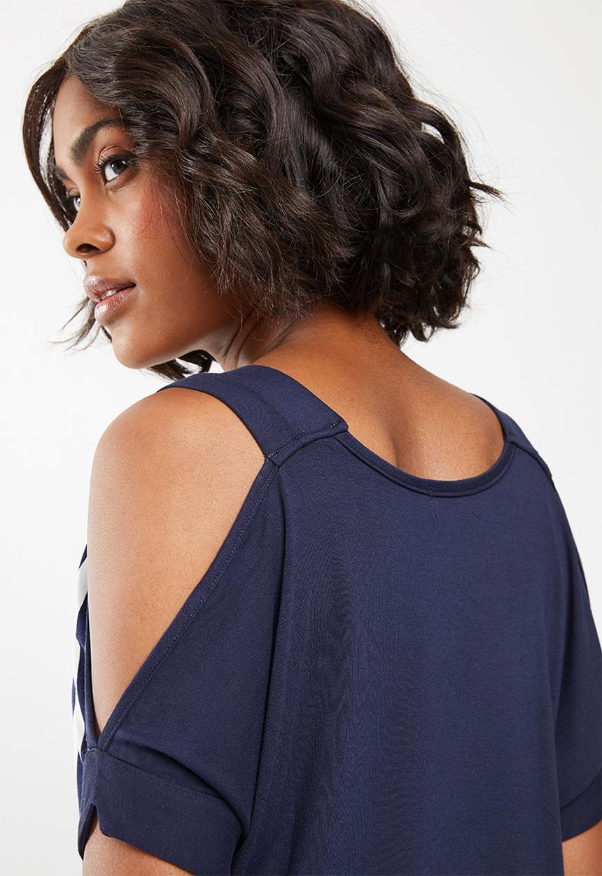 edit - Stripe cold shoulder top - navy & white