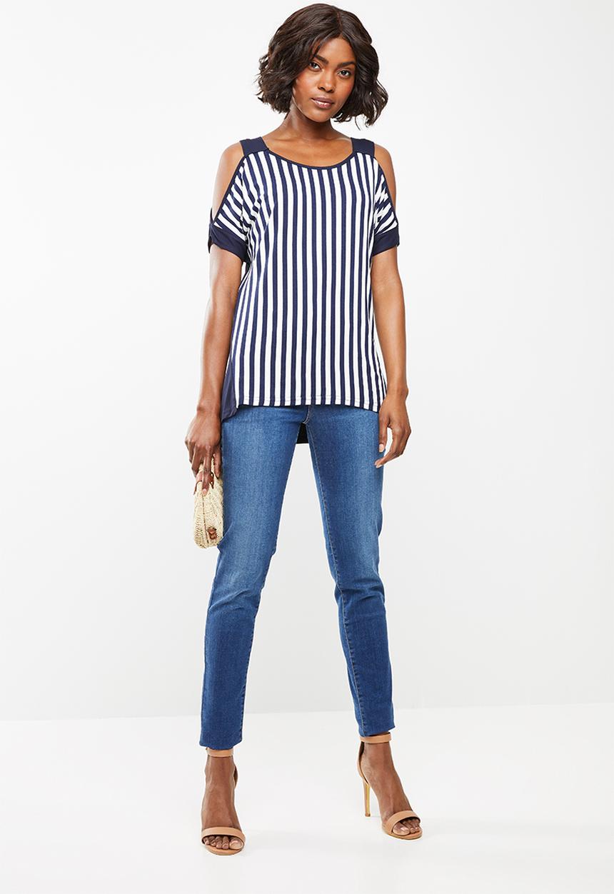 edit - Stripe cold shoulder top - navy & white