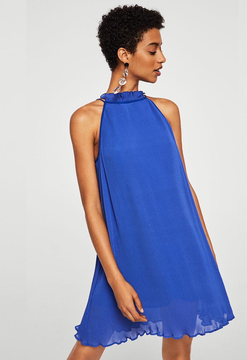 MANGO - Textured ruffled dress - blue