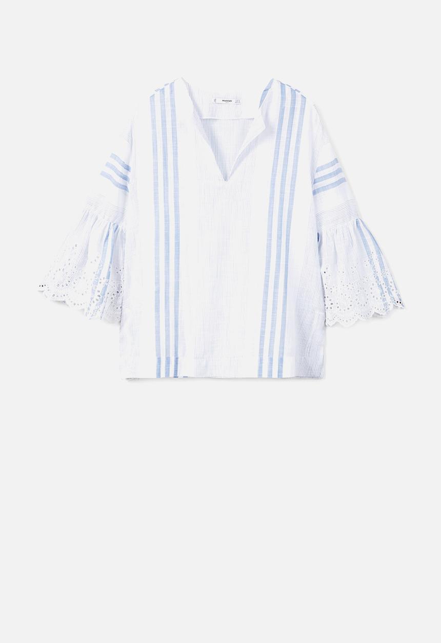 MANGO - Lace sleeve blouse - blue & white