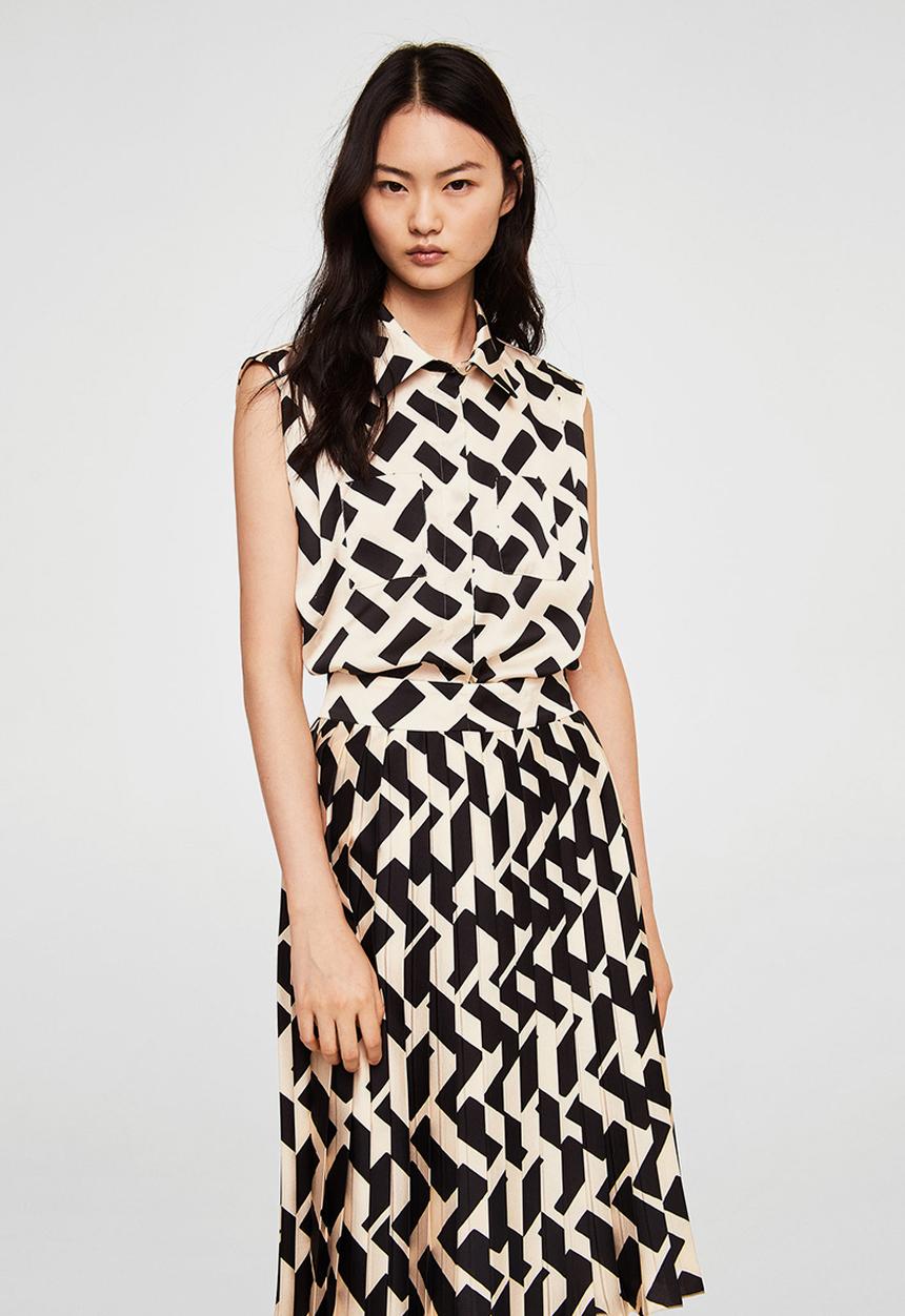 MANGO - Geometric-print sleeveless shirt - cream & black