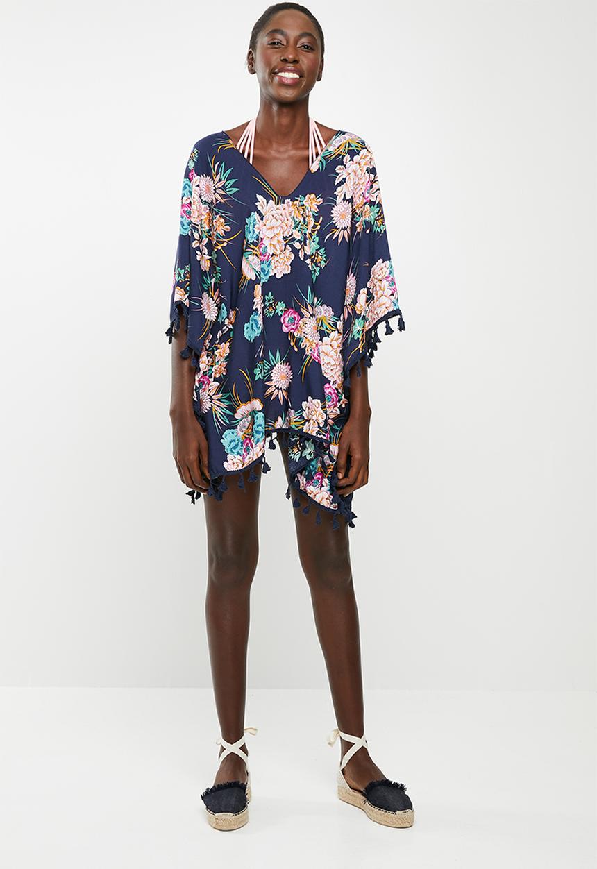 Lithe - Pullover kaftan with tassel on side hem - navy