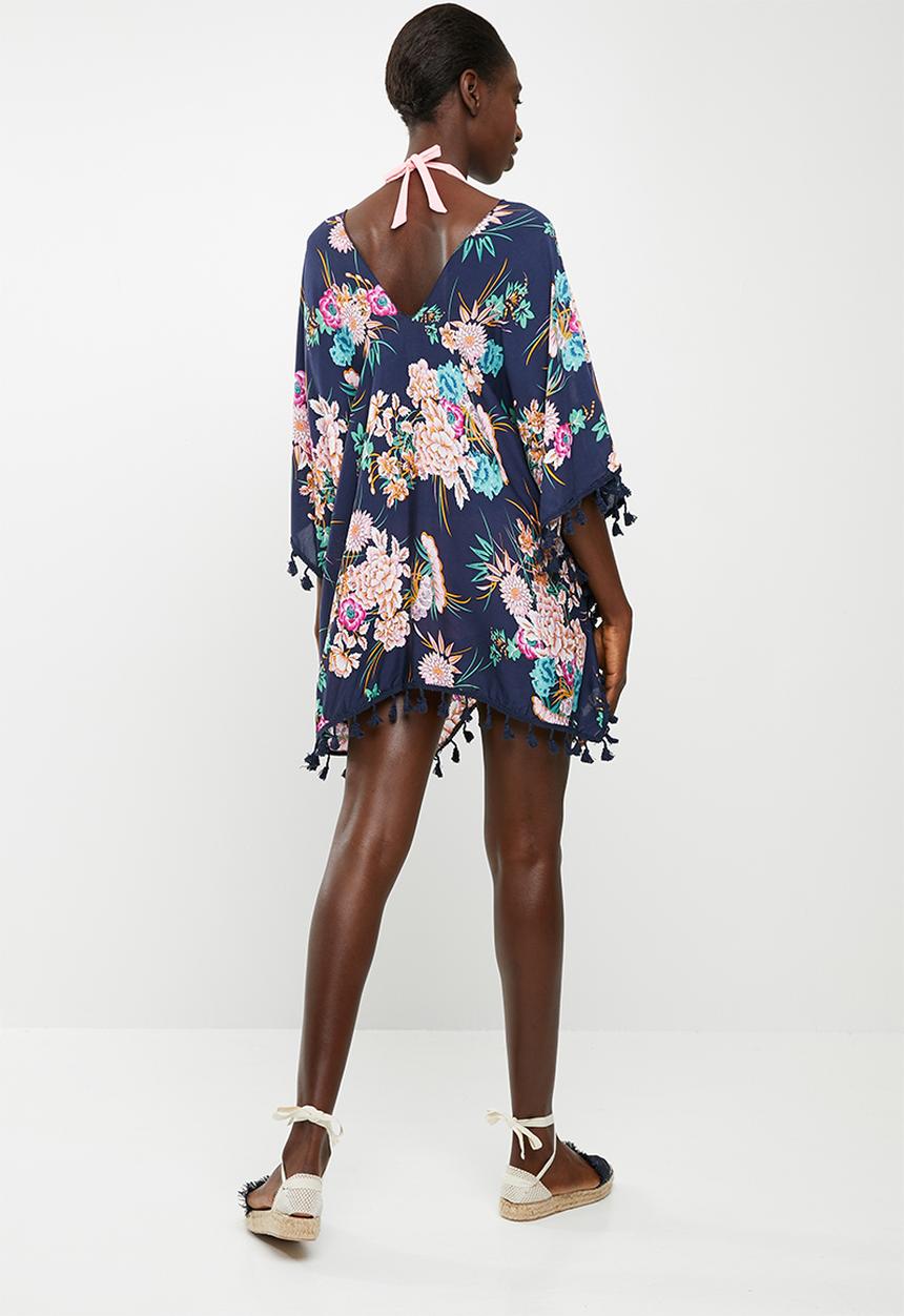 Lithe - Pullover kaftan with tassel on side hem - navy