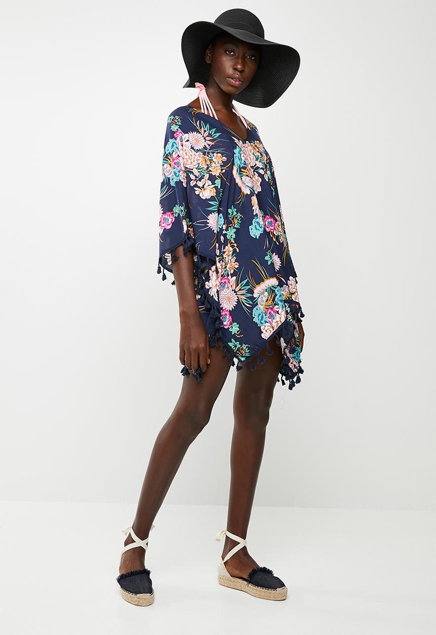 Lithe - Pullover kaftan with tassel on side hem - navy