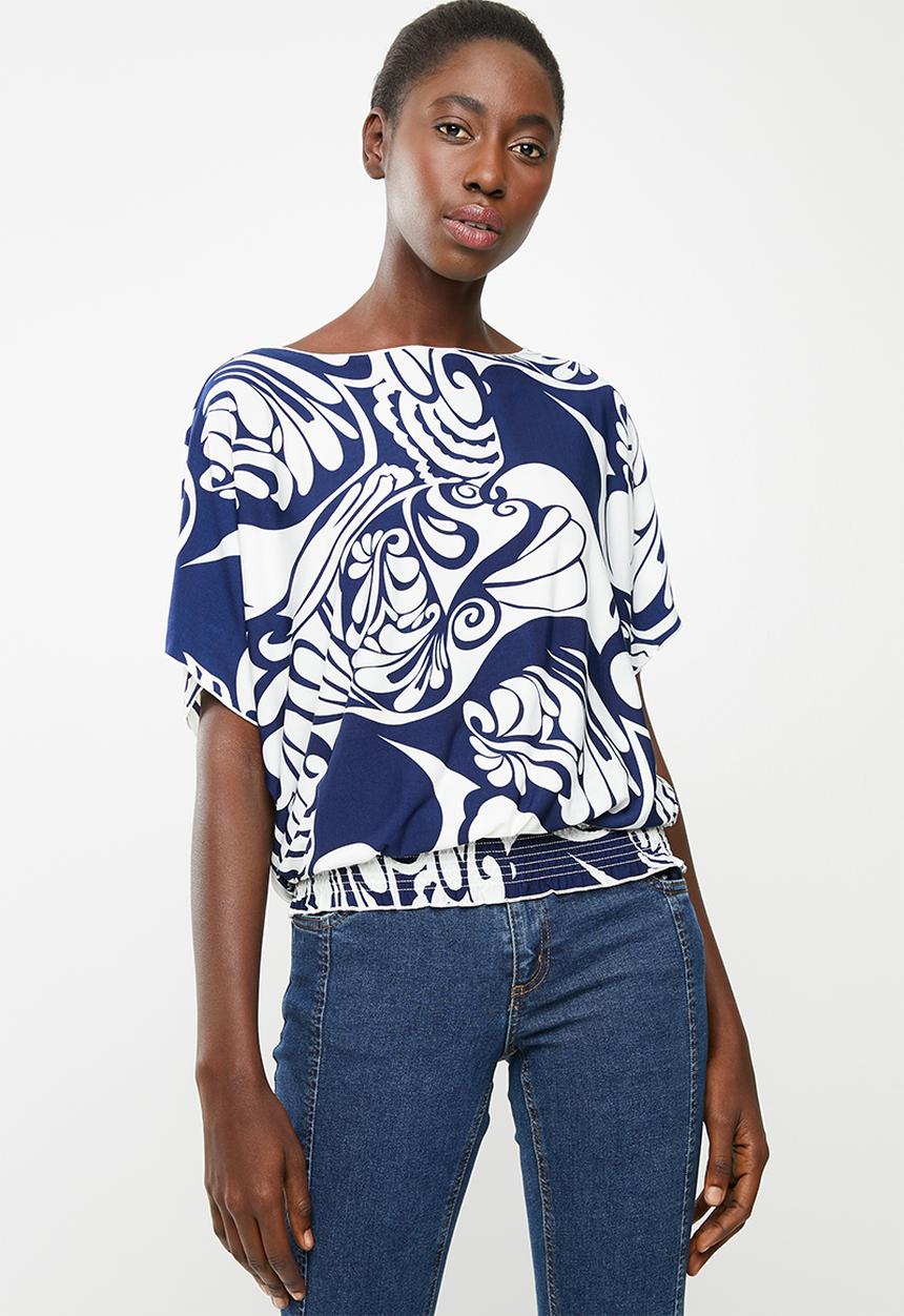 Revenge - Boat neck swirl print blouse - navy & white