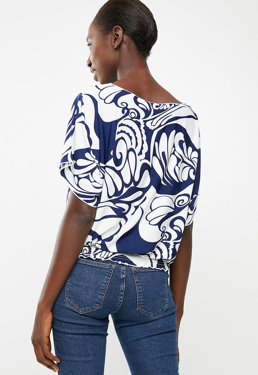 Revenge - Boat neck swirl print blouse - navy & white