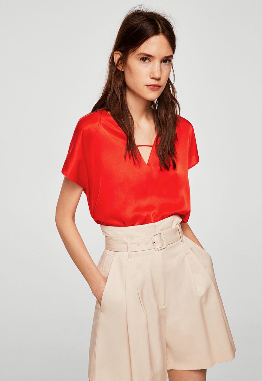 MANGO - V-neck blouse - coral