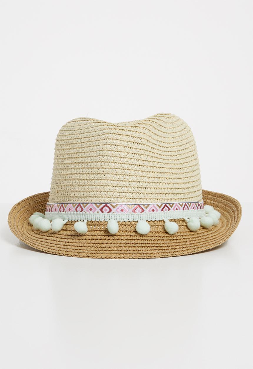 Pop Candy - Straw fedora with pom-pom detail - nude