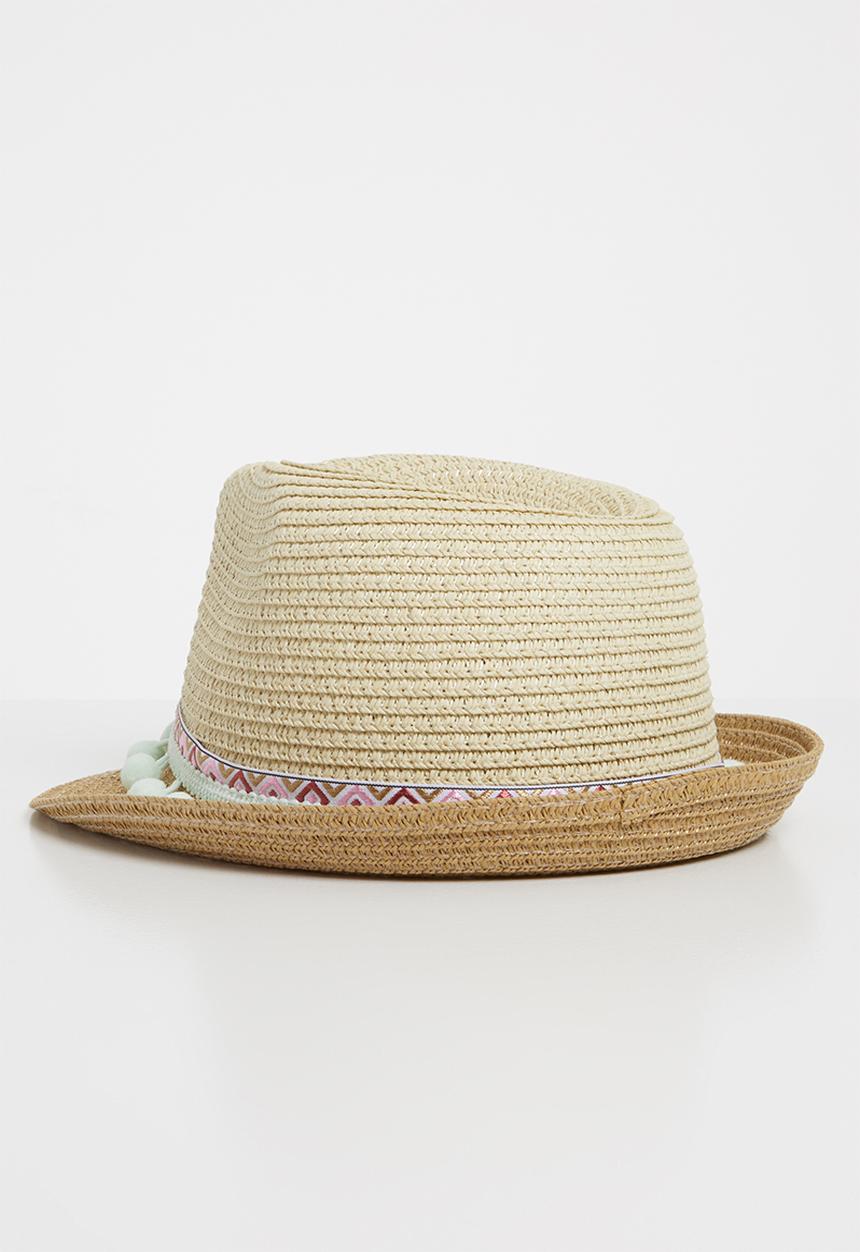 Pop Candy - Straw fedora with pom-pom detail - nude