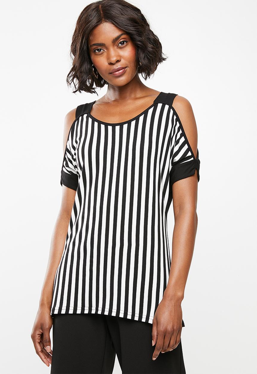 edit - Stripe cold shoulder top  - black & white