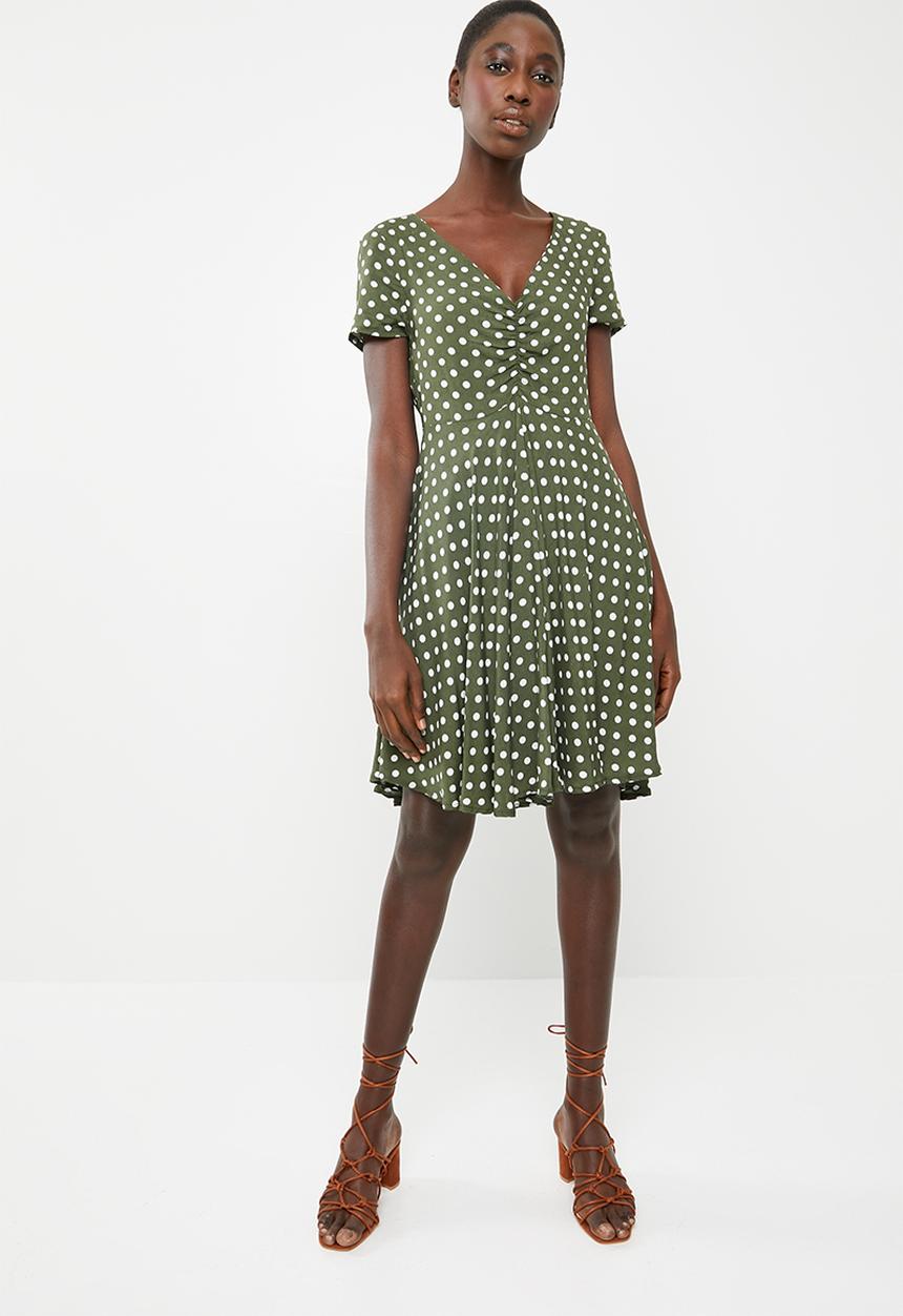 c(inch) - Ruched front fit and flare dress - khaki green