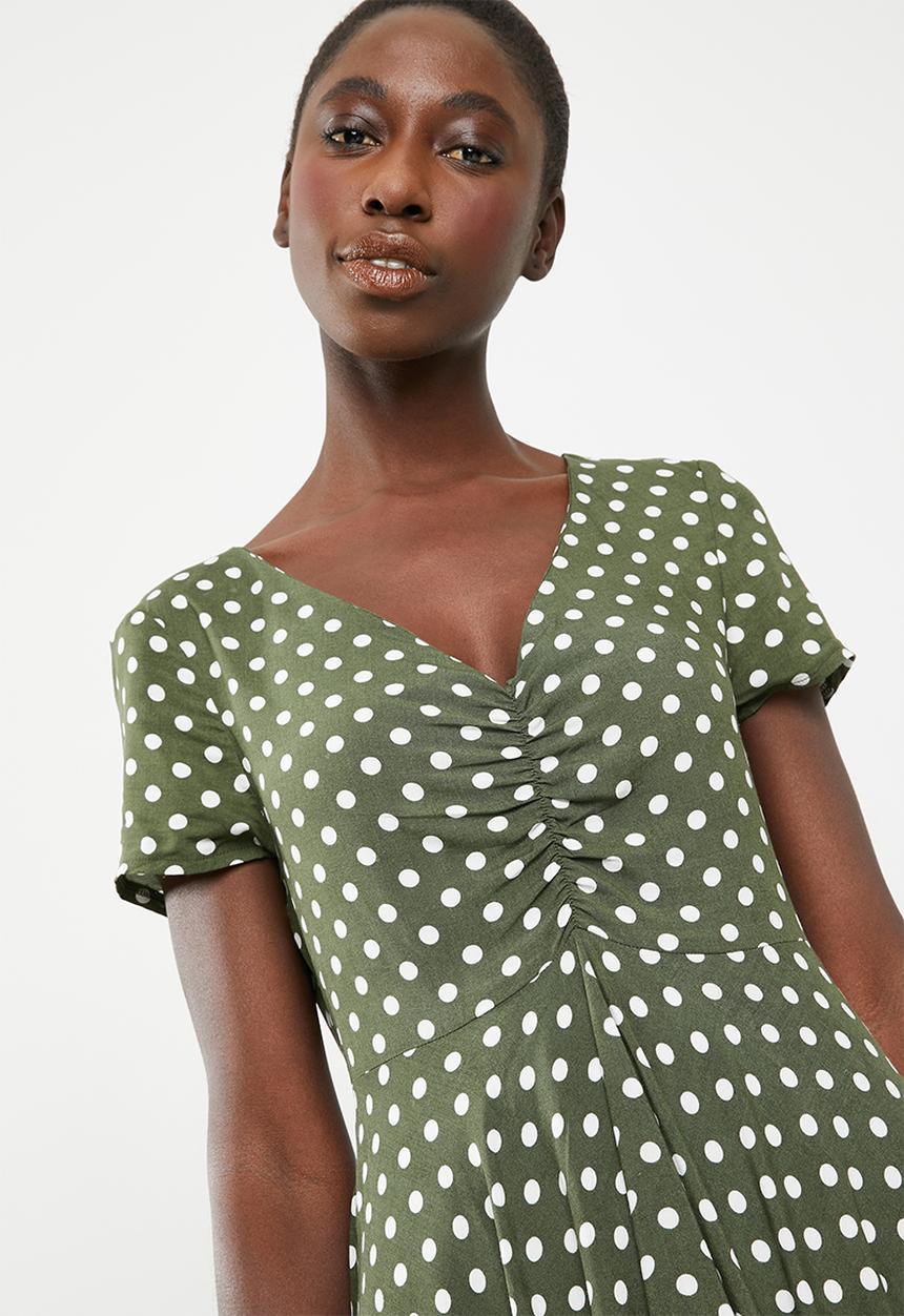 c(inch) - Ruched front fit and flare dress - khaki green
