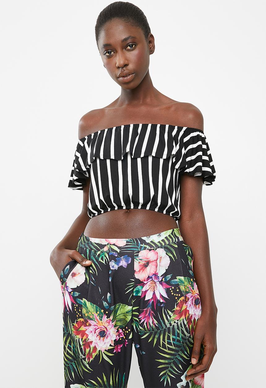 c(inch) - Frill detail bardot top - black and white