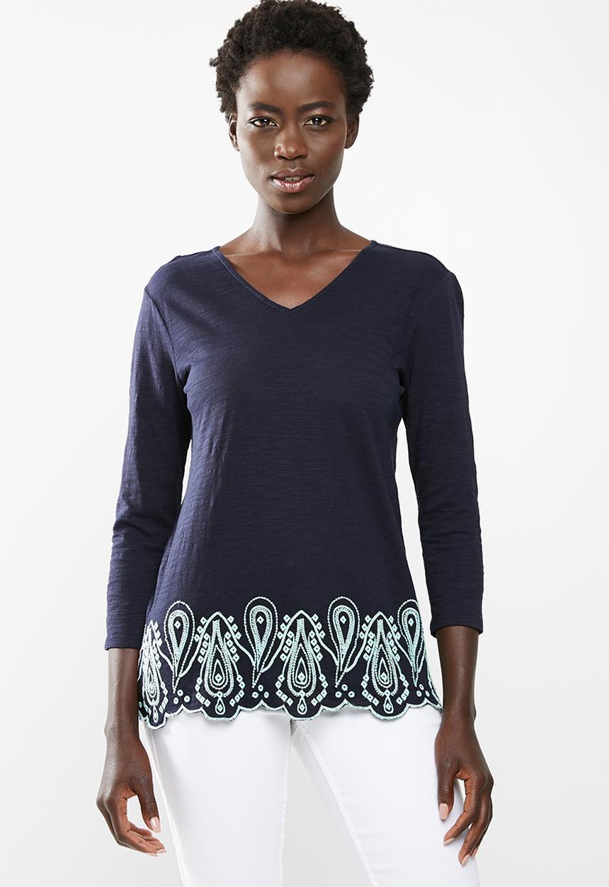 edit - Top with embroidered hem - navy