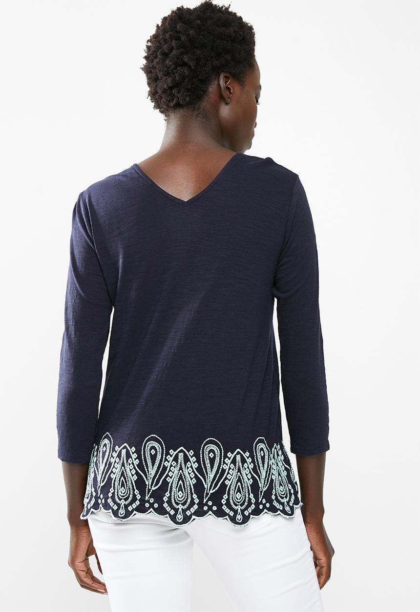 edit - Top with embroidered hem - navy
