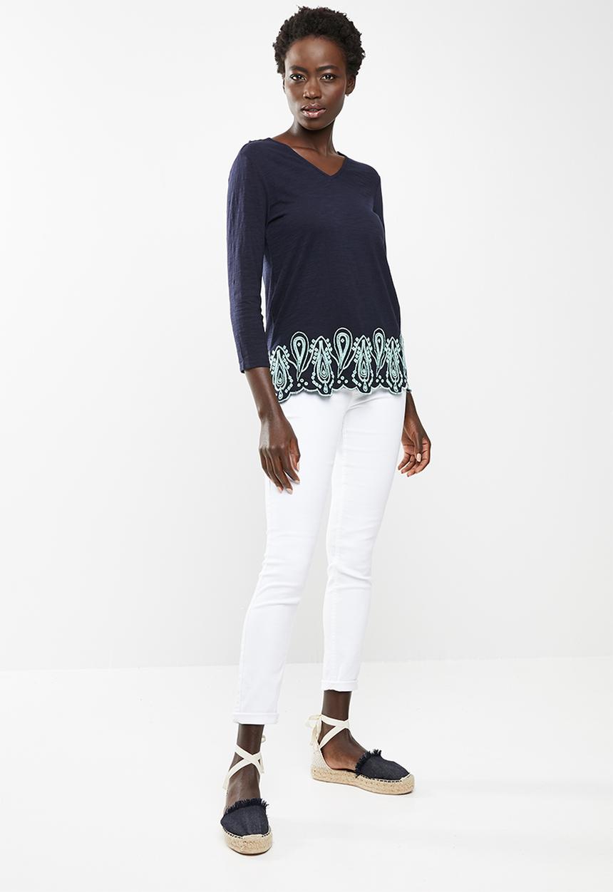 edit - Top with embroidered hem - navy