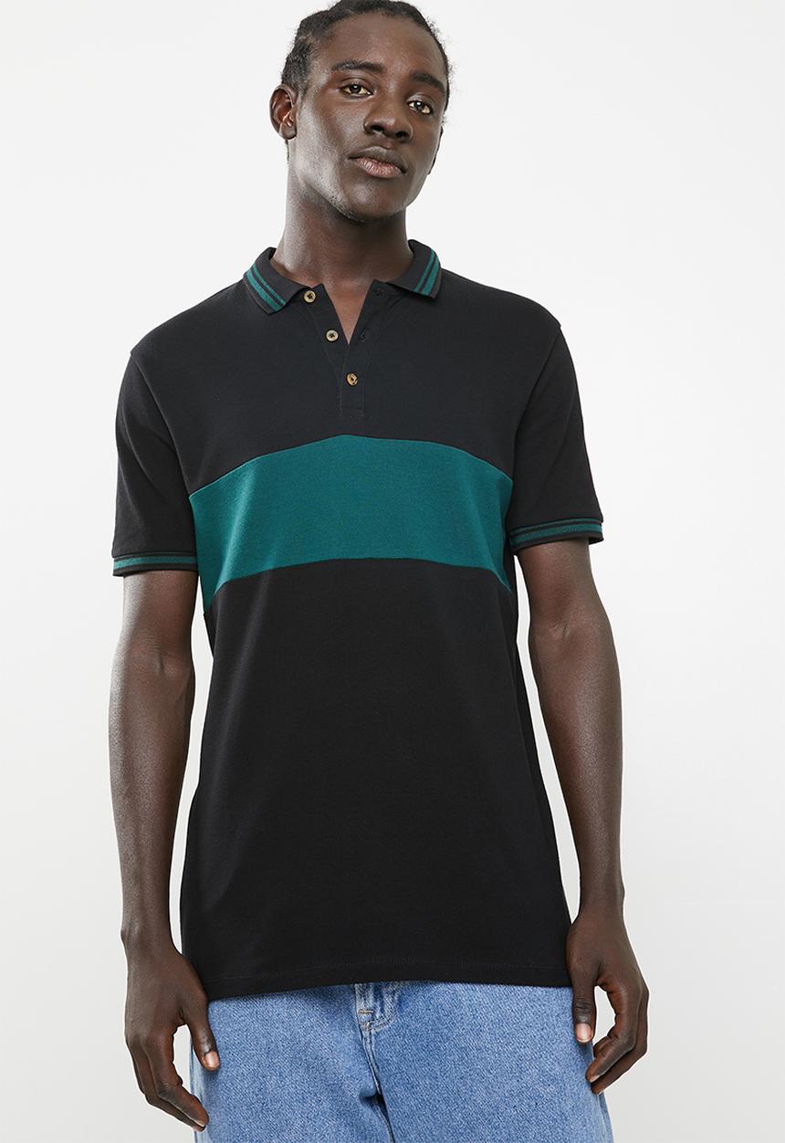 Superbalist - Pique short sleeve slim fit blocked polo - black & green