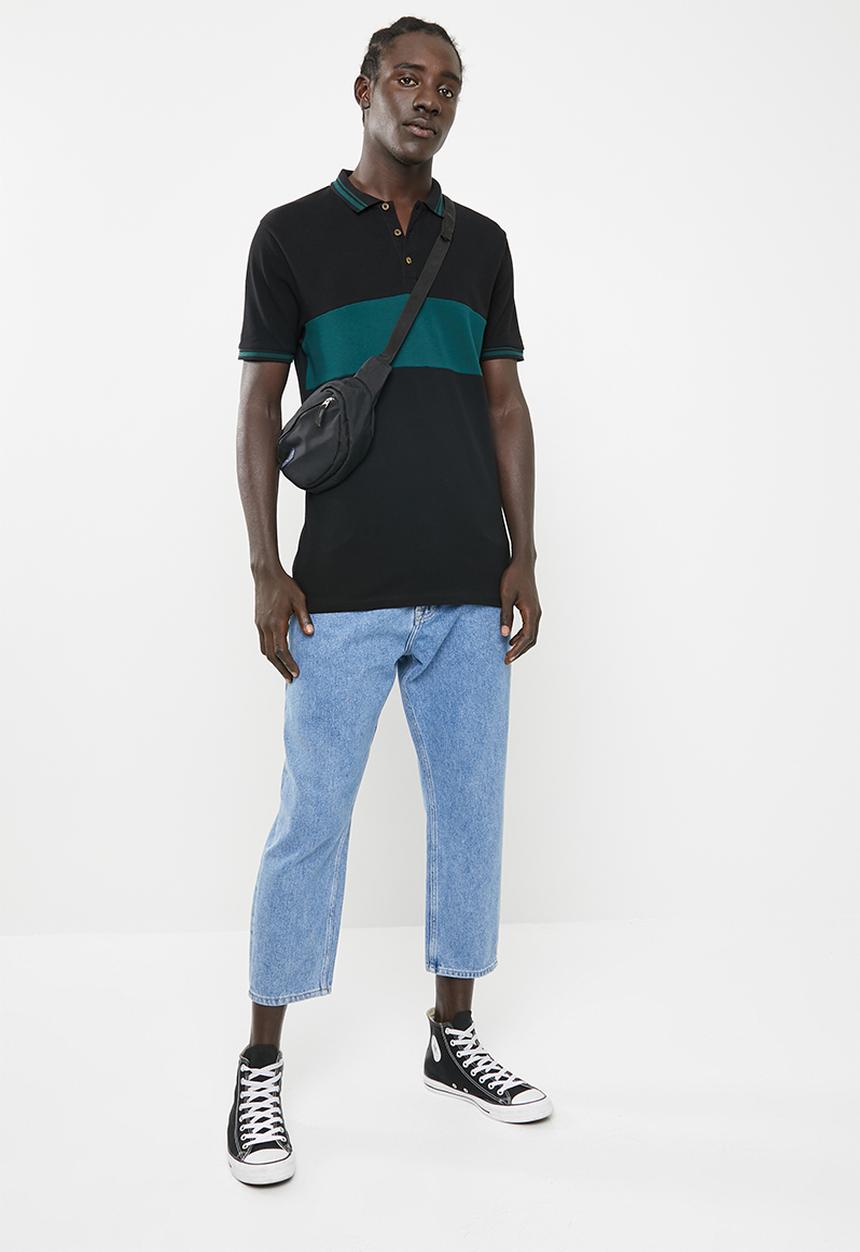 Superbalist - Pique short sleeve slim fit blocked polo - black & green