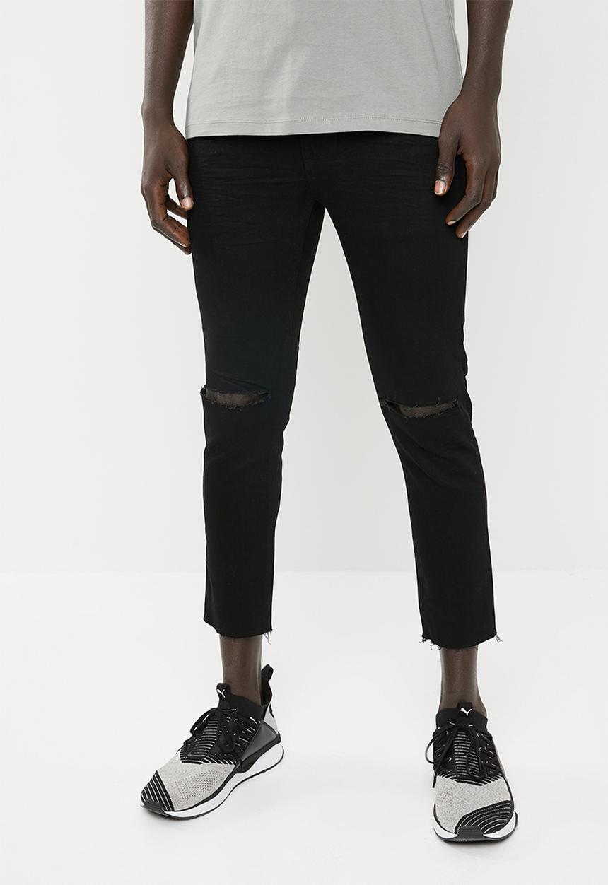 Superbalist - Super skinny jeans cropped knee rip raw hem - black 