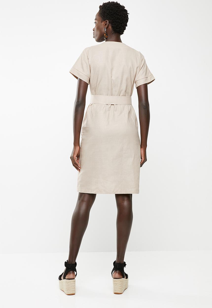 edit - Linen blend button down dress - beige 