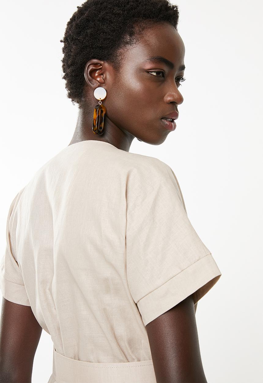 edit - Linen blend button down dress - beige 