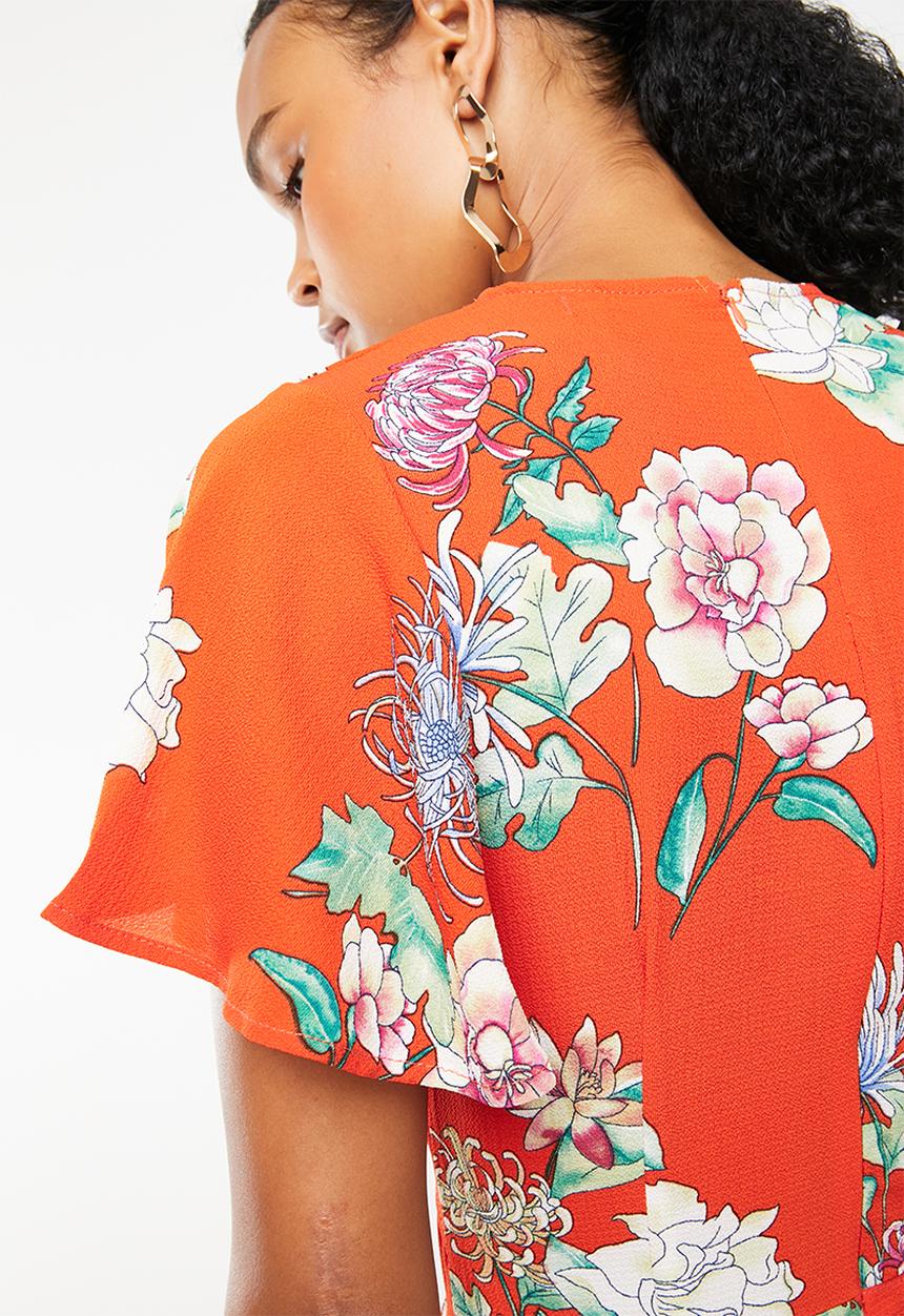 STYLE REPUBLIC - Tie front floral jumpsuit - orange