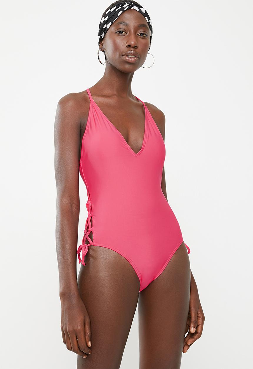 London Hub - V front lace-up side one piece - pink