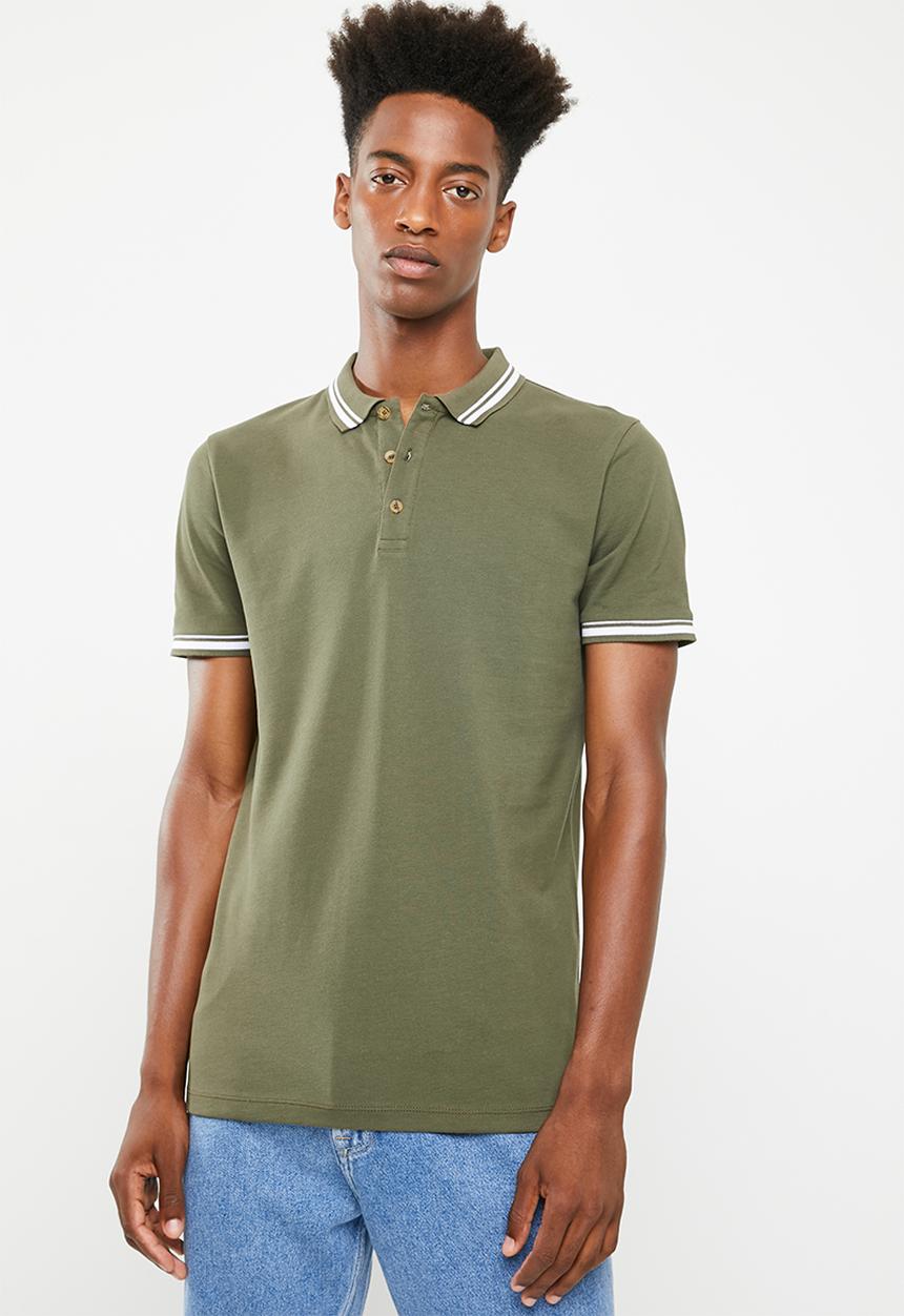 Superbalist - Pique tipped short sleeve slim polo - khaki