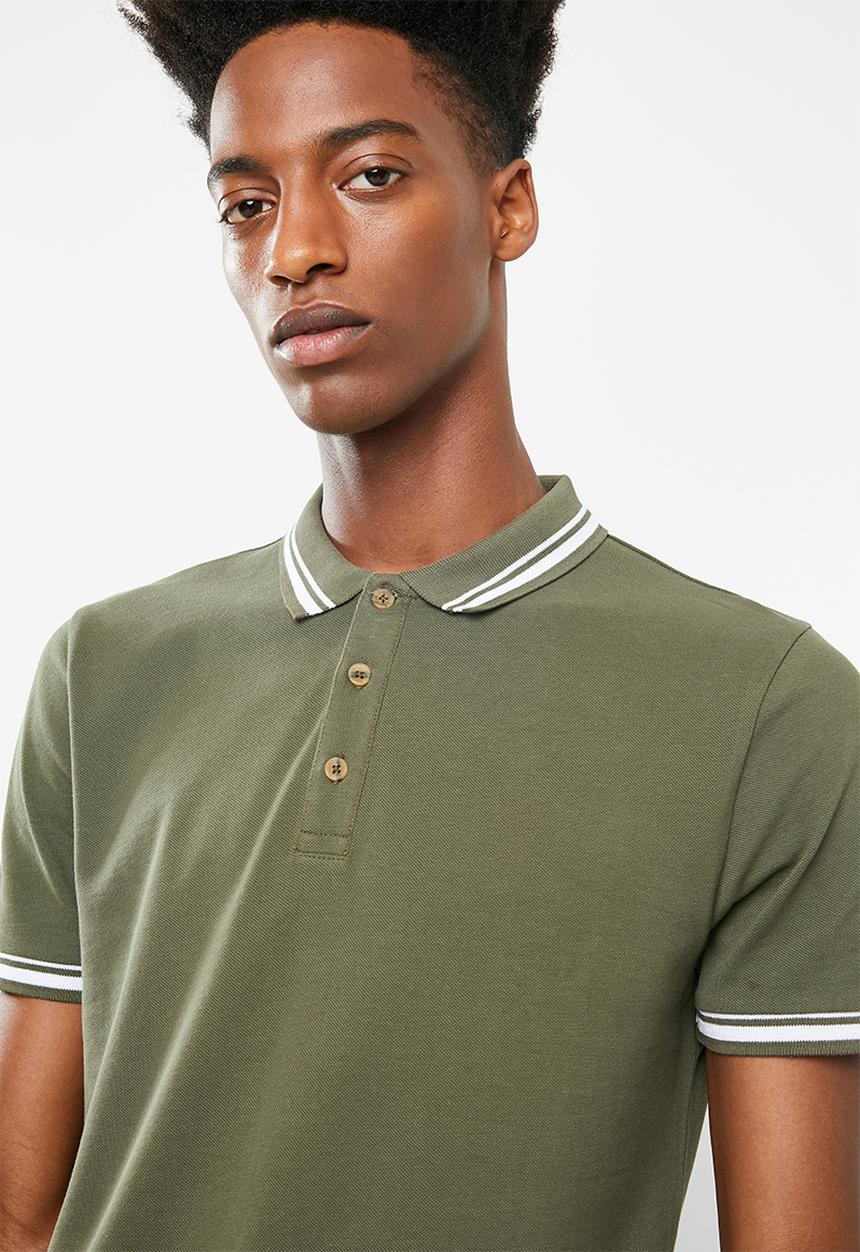 Superbalist - Pique tipped short sleeve slim polo - khaki