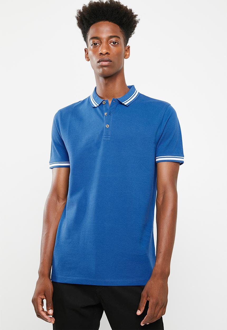 Superbalist - Pique tipped short sleeve slim polo - blue 