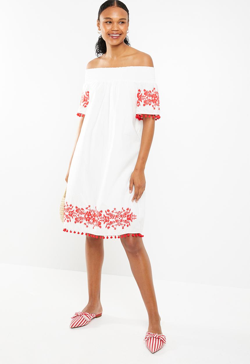 STYLE REPUBLIC - Pom pom bardot dress - white & red