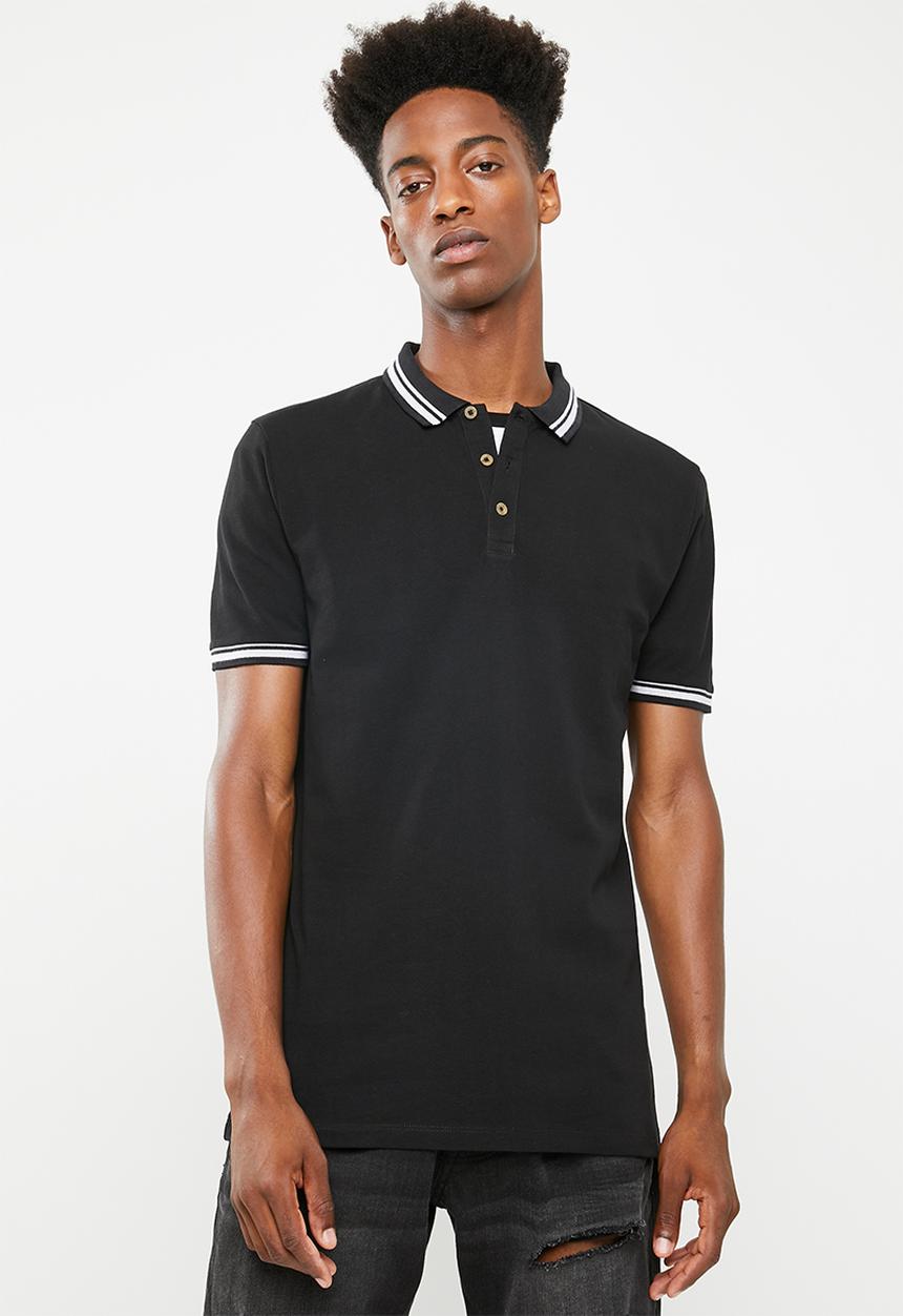 Superbalist - Pique tipped short sleeve slim polo - black