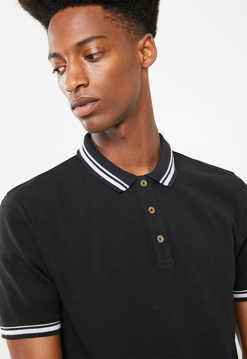 Superbalist - Pique tipped short sleeve slim polo - black
