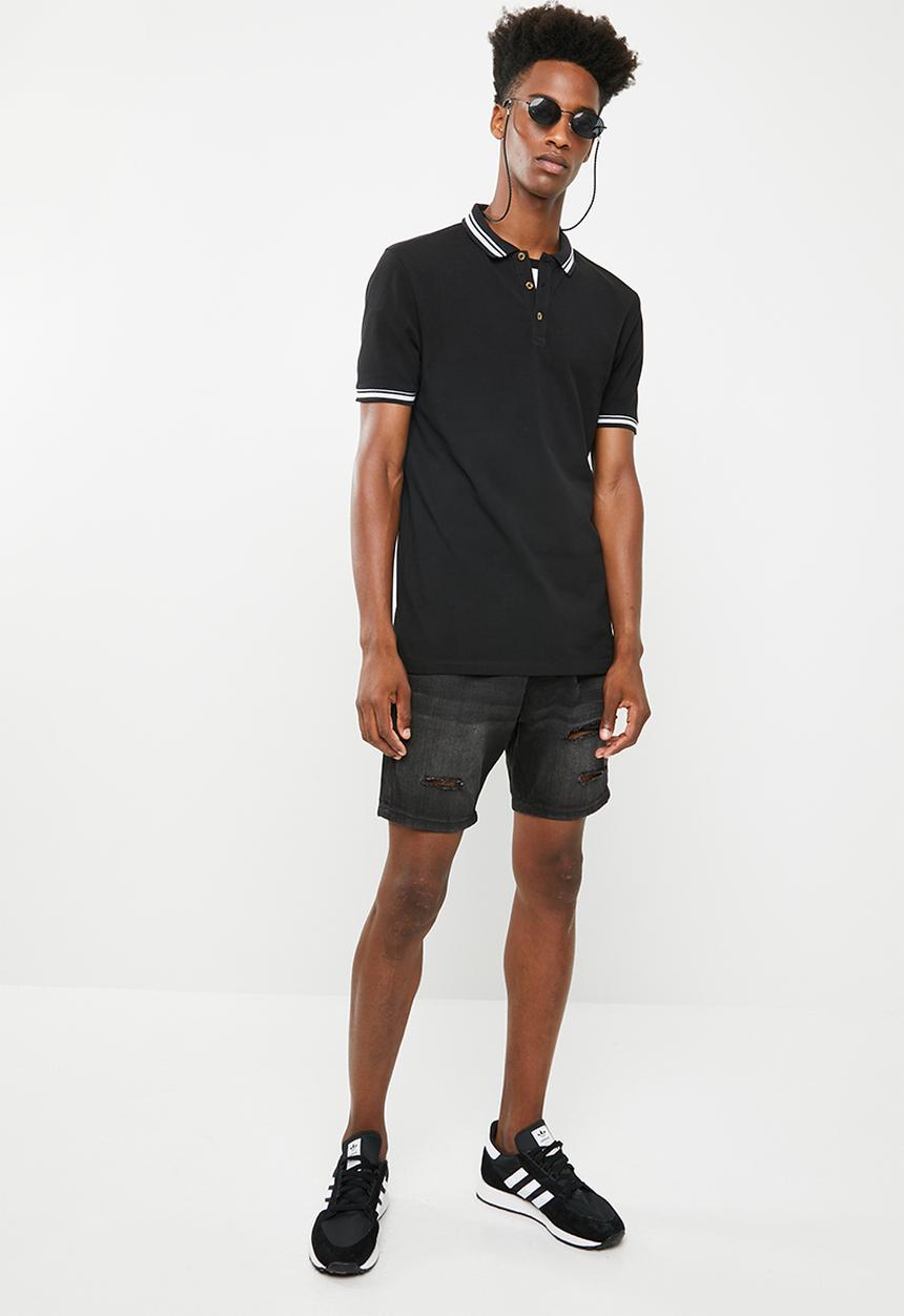 Superbalist - Pique tipped short sleeve slim polo - black