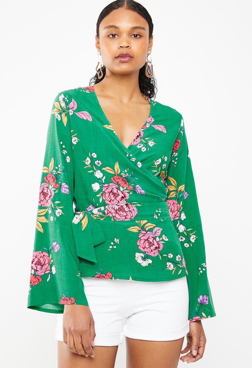 Superbalist - Bell sleeve wrap blouse - green floral 