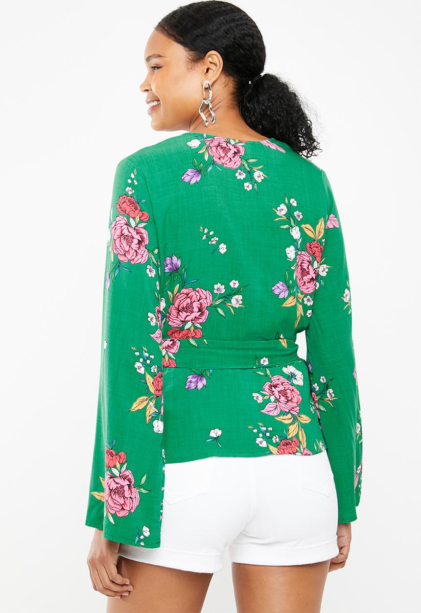 Superbalist - Bell sleeve wrap blouse - green floral 