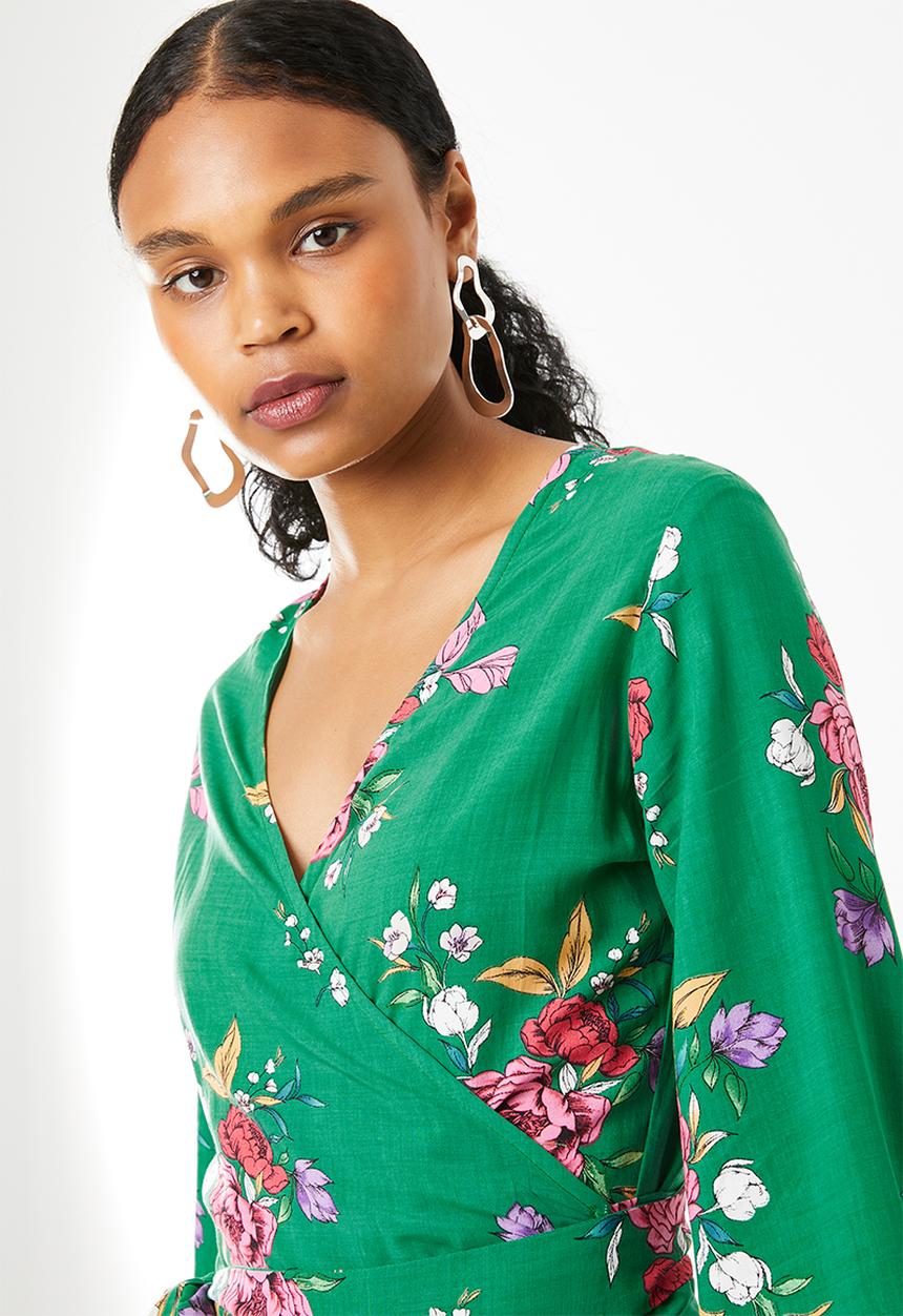 Superbalist - Bell sleeve wrap blouse - green floral 