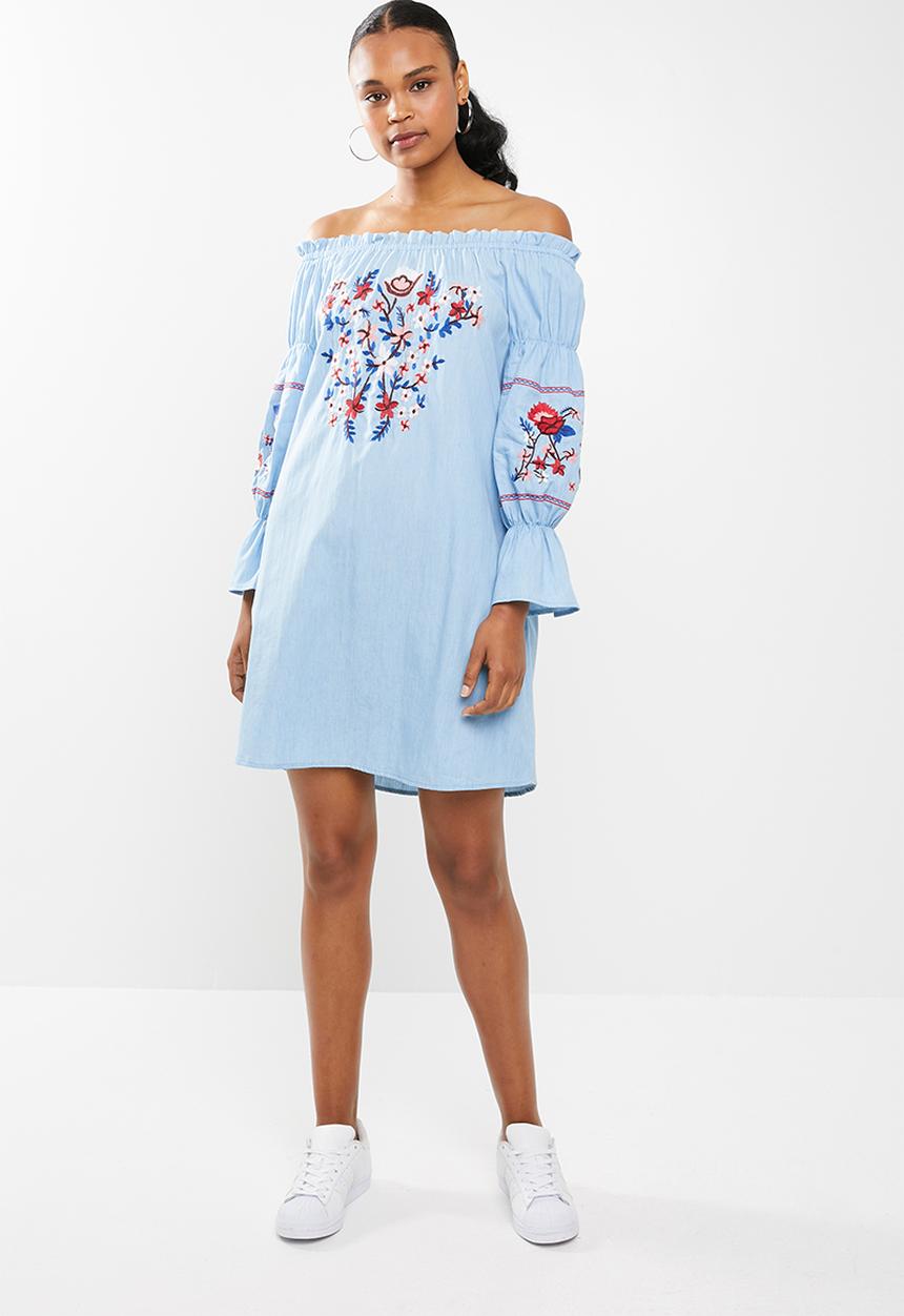 STYLE REPUBLIC - Embroided paperbag bardot dress - blue
