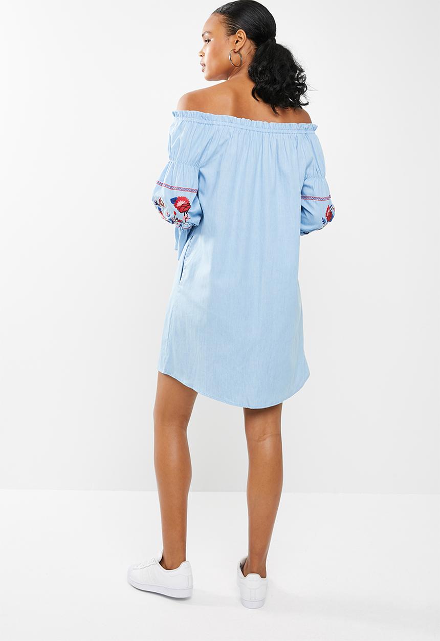 STYLE REPUBLIC - Embroided paperbag bardot dress - blue