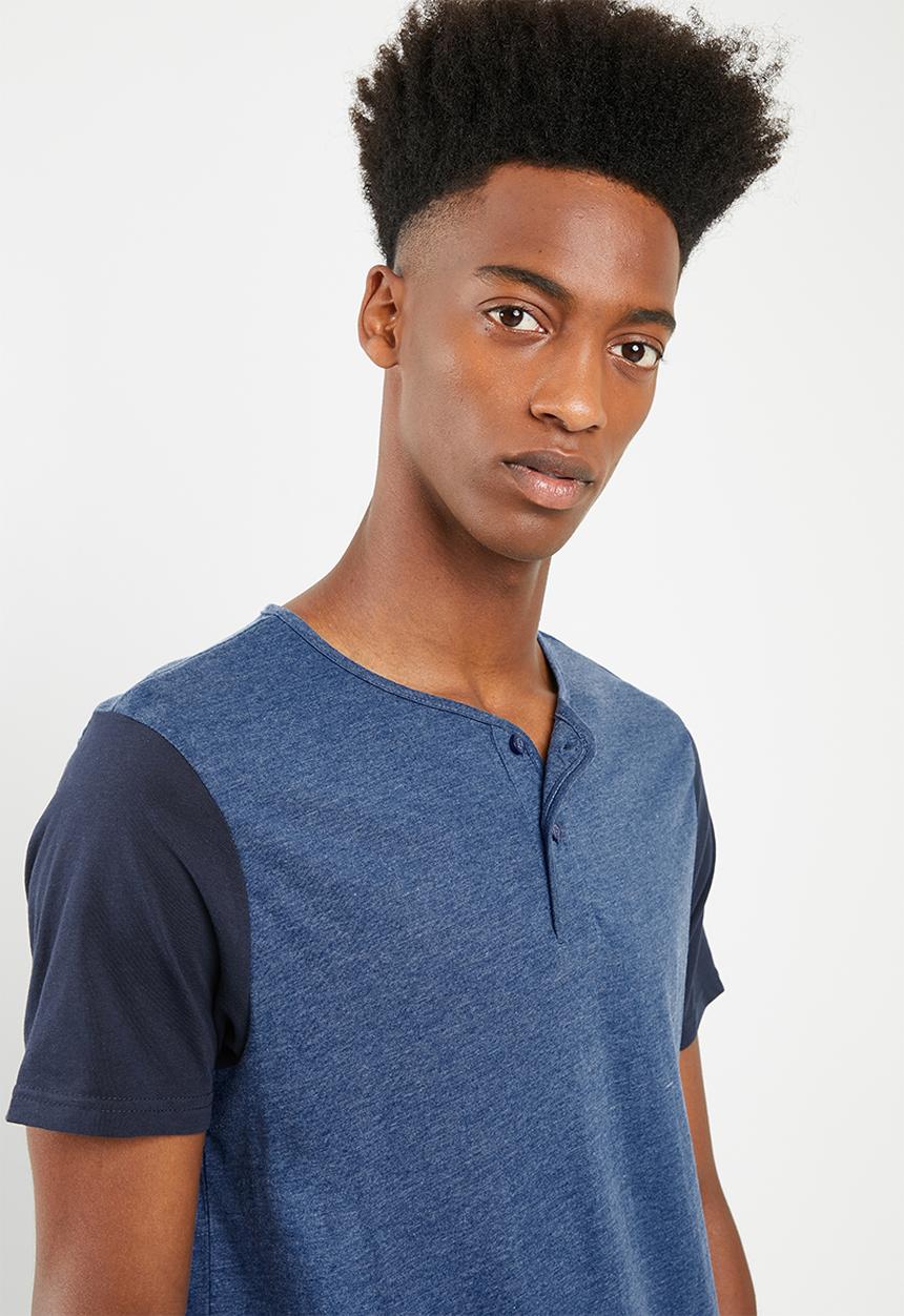 Brave Soul - Civil V-neck with button up closure T-shirt - blue